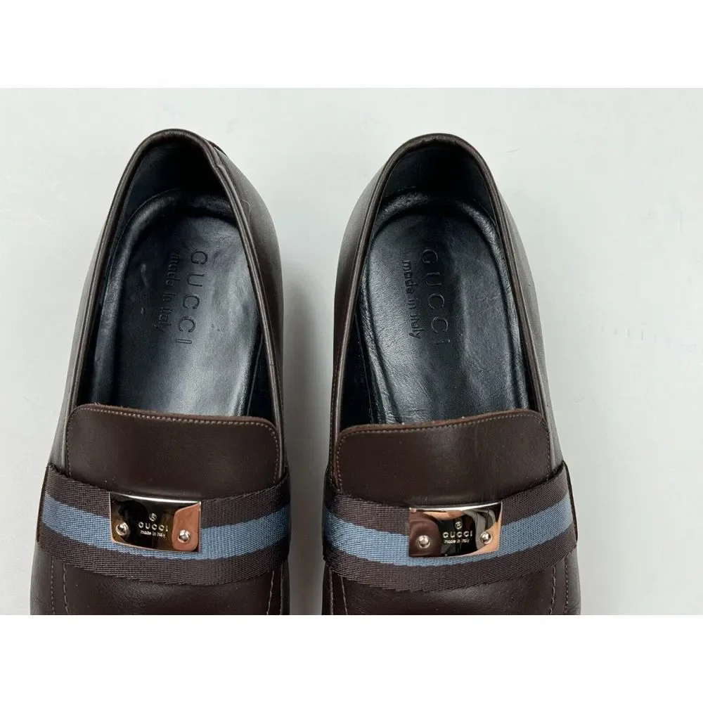 GUCCI Brown Leather Blue Ribbon Luxury Loafer Mens 8.5 D Flaw* Comfort‎ Shoes